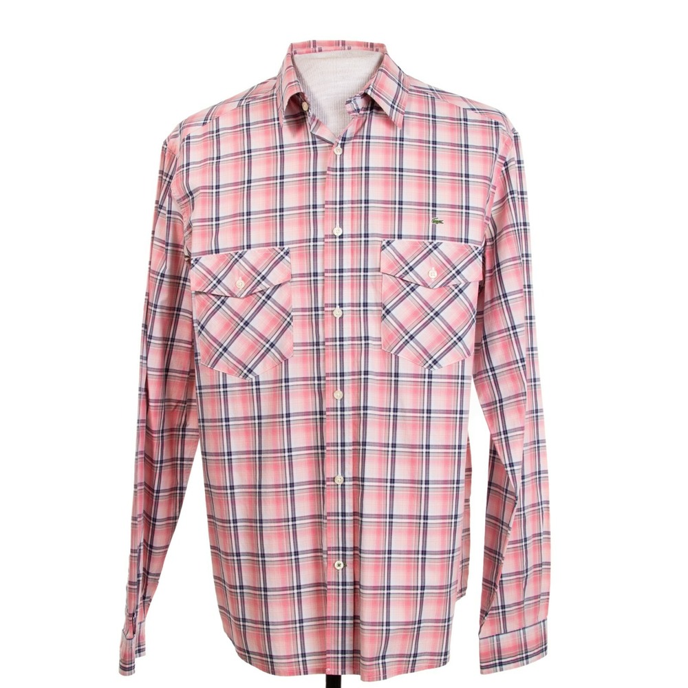 Lacoste Modern Fit Mens 42 Large Pink‎ Plaid Logo LS Button Front Shirt